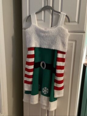 Cozy White Fuzzy Holiday Sweater with Green Accent